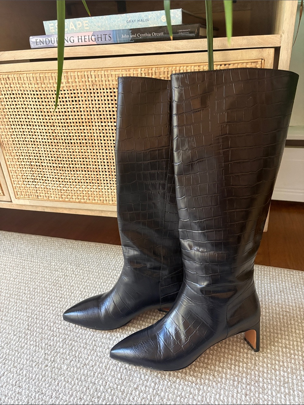 Emerson Fry Women's Black Croc-Embossed Pointed-Toe Knee Boots